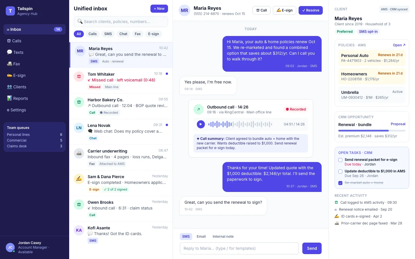 Unified inbox for calls, texts, and chat